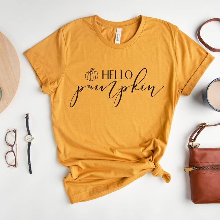 Hello Pumpkin Graphic Tee Heather Mustard for wholesale by Indigo Bramble Boutique
