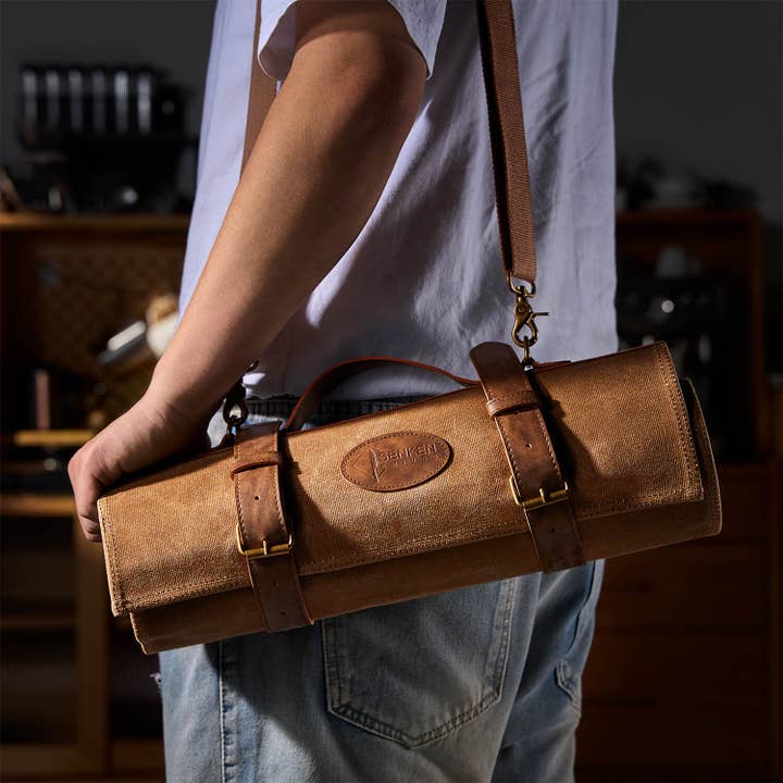 Senken Knives – wholesale Knife storage – Leather Oil-Waxed Chef Knife Roll Bag with Shoulder Strap1
