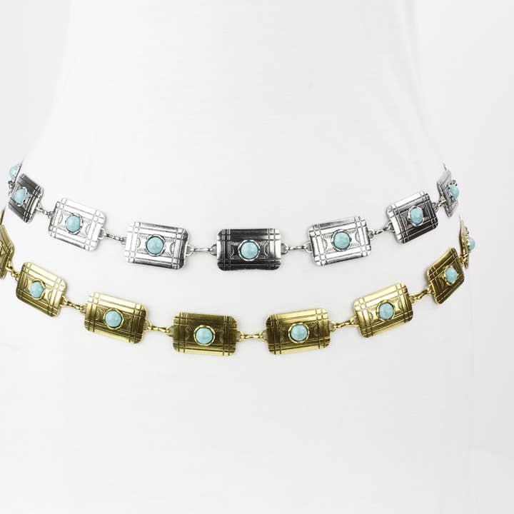 Leather Impressions Inc - Wholesale Belt – Women's - Turquoise Rectangular Concho Chain Belt ABB MLT 10147