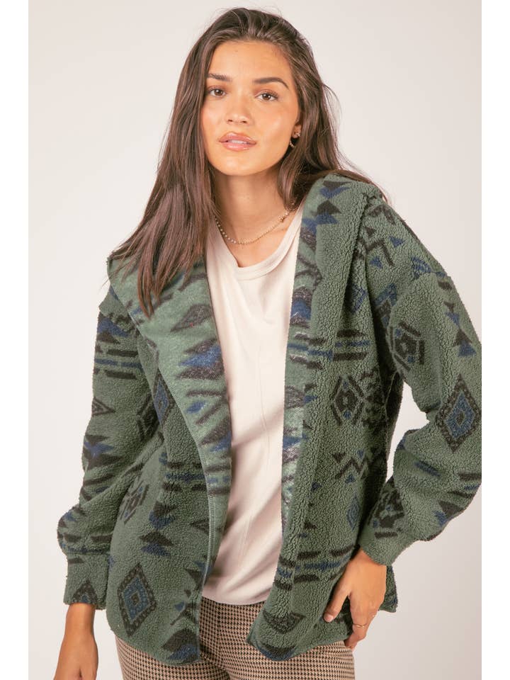 VERY J - Wholesale Jacket - Women's - NJ90199-Aztec Tribal Print Hooded Oversize Fleece Jacket