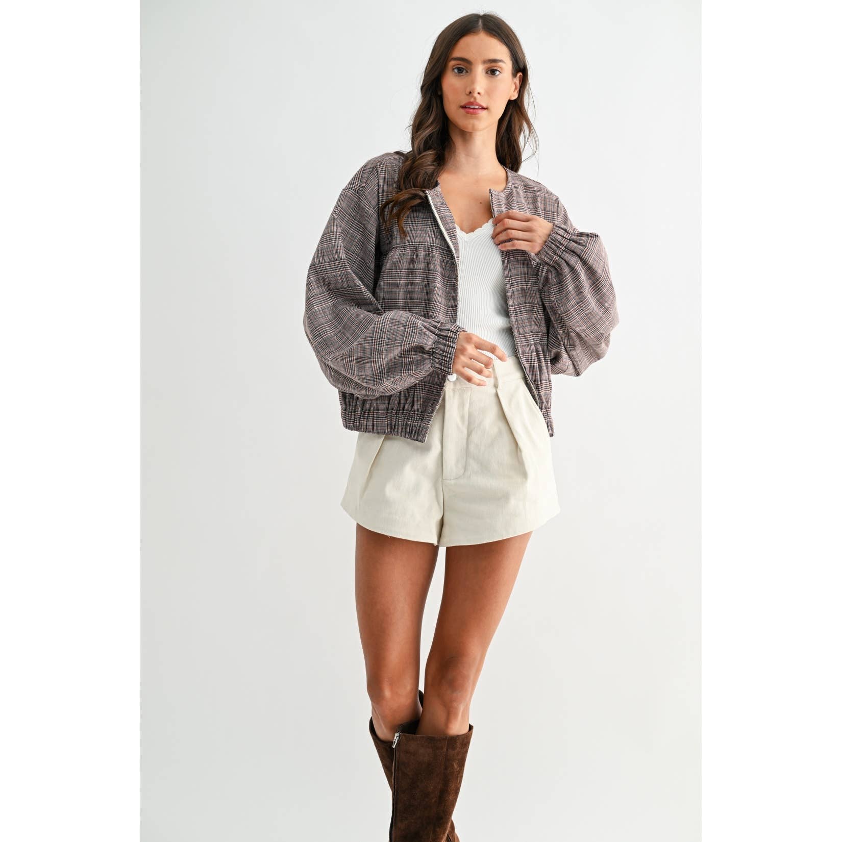 BROWN PLAID BALLON SLEEVE ZIP-UP JACKET  for wholesale on Faire2