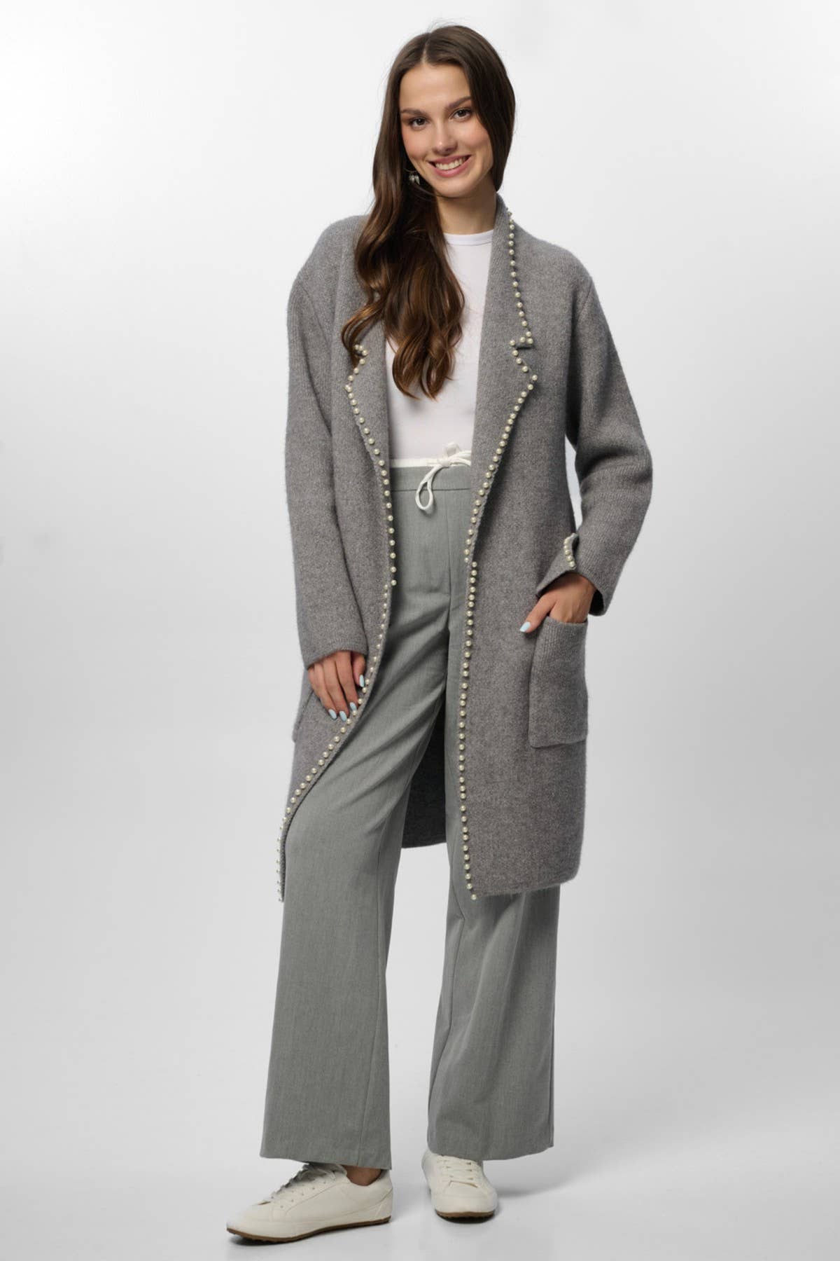 SAACHI - Wholesale Blazer - Women's - Pearl Trim Long Knit Blazer5