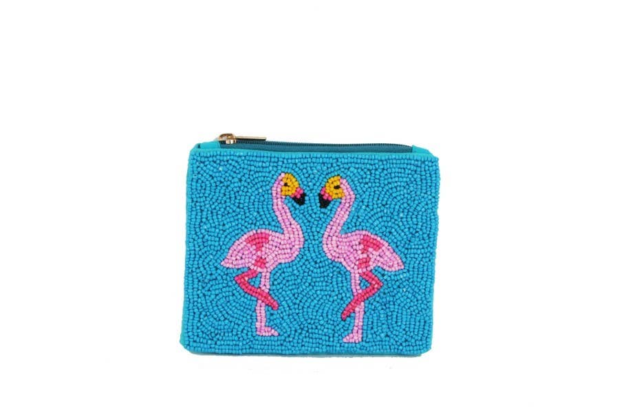 Nima Accessories Inc - Wholesale Coin Purse - Women's - Ladies Fully Beaded Blue Flamingo Theme Coin Purse