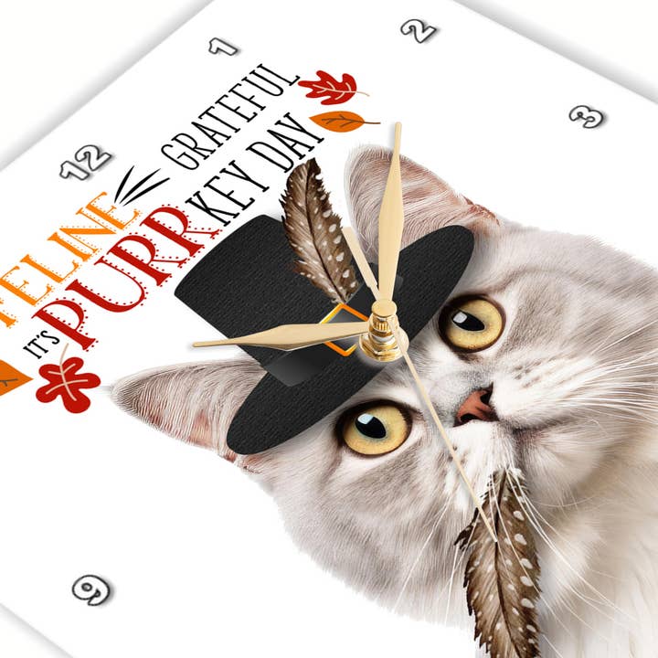 3dRose - Wholesale Wall Clock - 3dRose, Cream Colored Thanksgiving Cat with FELINE Humor for Thanksgiving, Wall Clock2