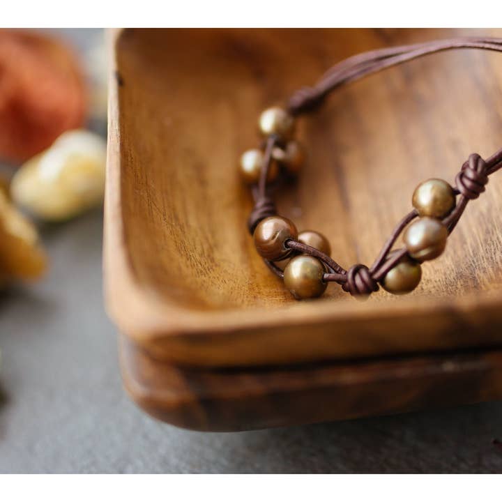 Leather Pearl Cluster Necklace: Knotted 3-Strand Freshwater Pearls for wholesale by The Rustic Boho Chic