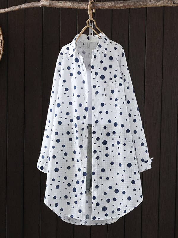 VividLux - Wholesale Button Down Shirt - Women's - Long Sleeves Loose Polka-Dot Lapel Shirts Tops15