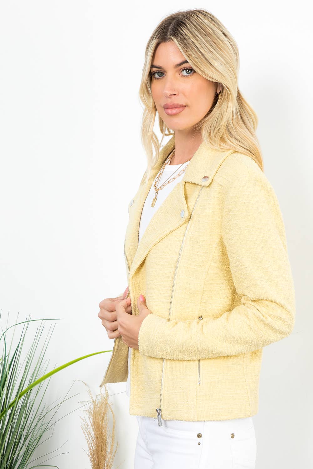 26 International - Wholesale Jacket - Women's - Solid Boucle Long Sleeve Moto Jacket5