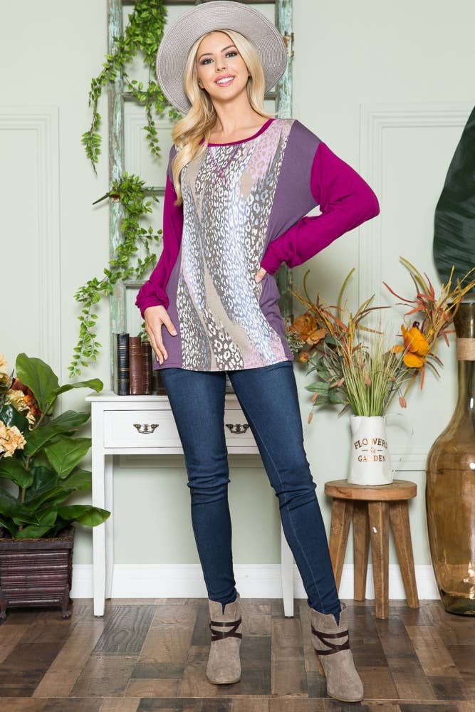 ClickPuff - Wholesale Tunic - Women's - Women's Plus Size Animal Print Color Block Long Sleeve Top8