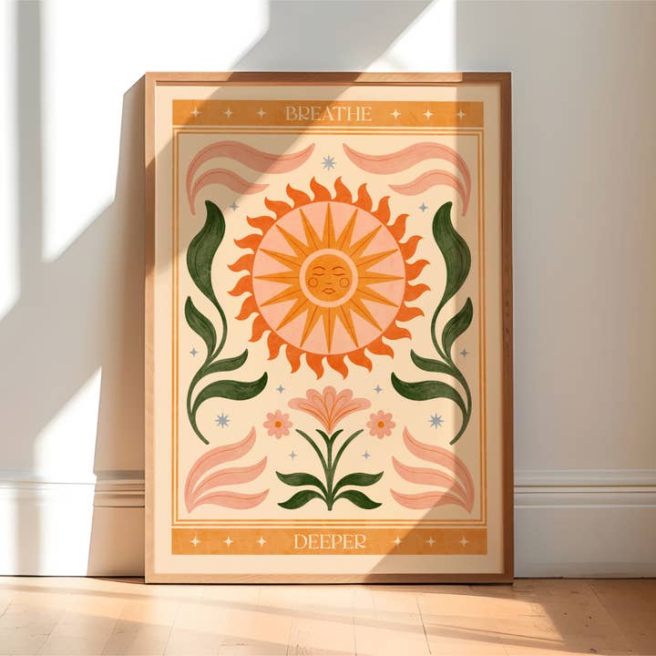 ‘Breathe Deeper’, Boho Floral Sun Yoga Quote Art Print for wholesale by Nïma Nïma Studio