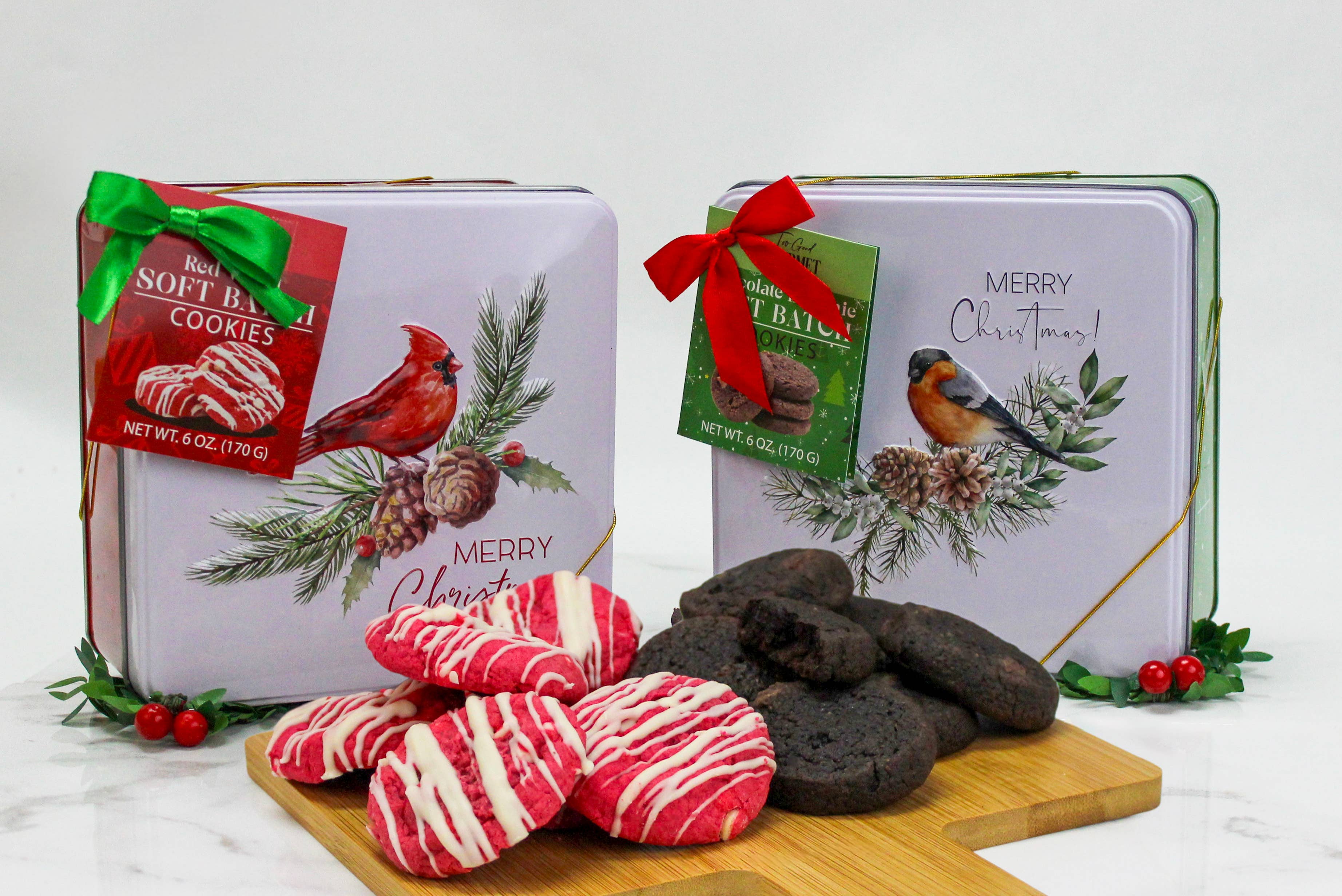 Too Good Gourmet - Wholesale Cookie - Holiday Bird Square Tins - Brownie & Red Velvet Soft Batch1