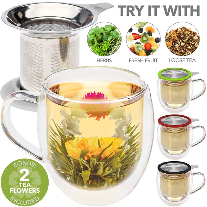 Teabloom - Wholesale Coffee Mug - Teabloom VENICE Double Wall Glass Mug with Infuser & Lid