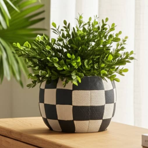 Planter - Black/White Pottery Checkerboard Rounded, 7 in. for wholesale by Sagebrook Home