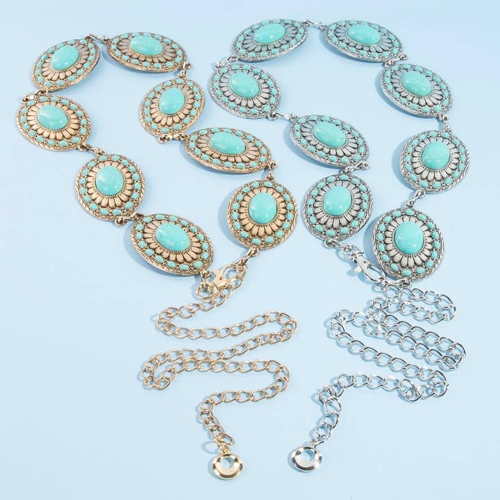 Westlicher gemischter Türkis Stud Oval Concho Kettengürtel für den Großhandel von Collections by Fame Accessories