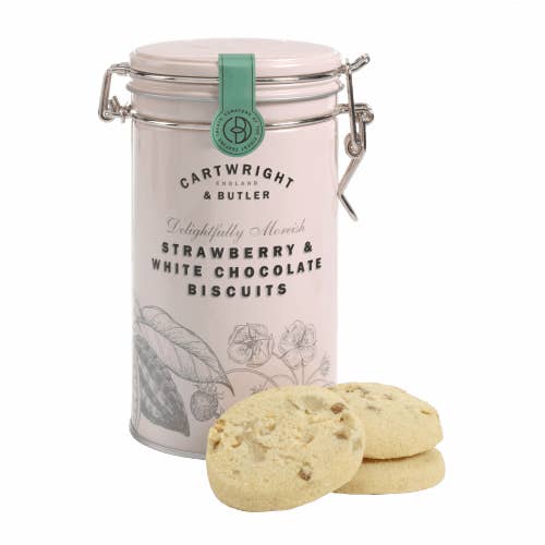 Cartwright & Butler – wholesale Biscuit – C&B Strawberry & White Choc Biscuits in Tin1