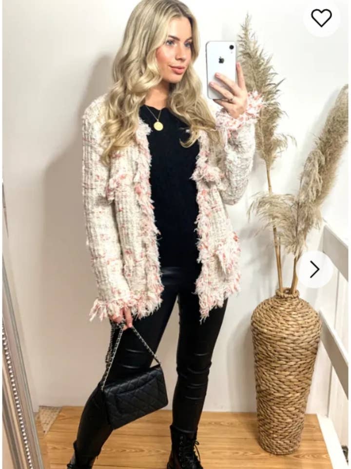 White pink Color Tweed Effect Knitted Short Cardigan Jaccket for wholesale by CY FASHION. LONDON