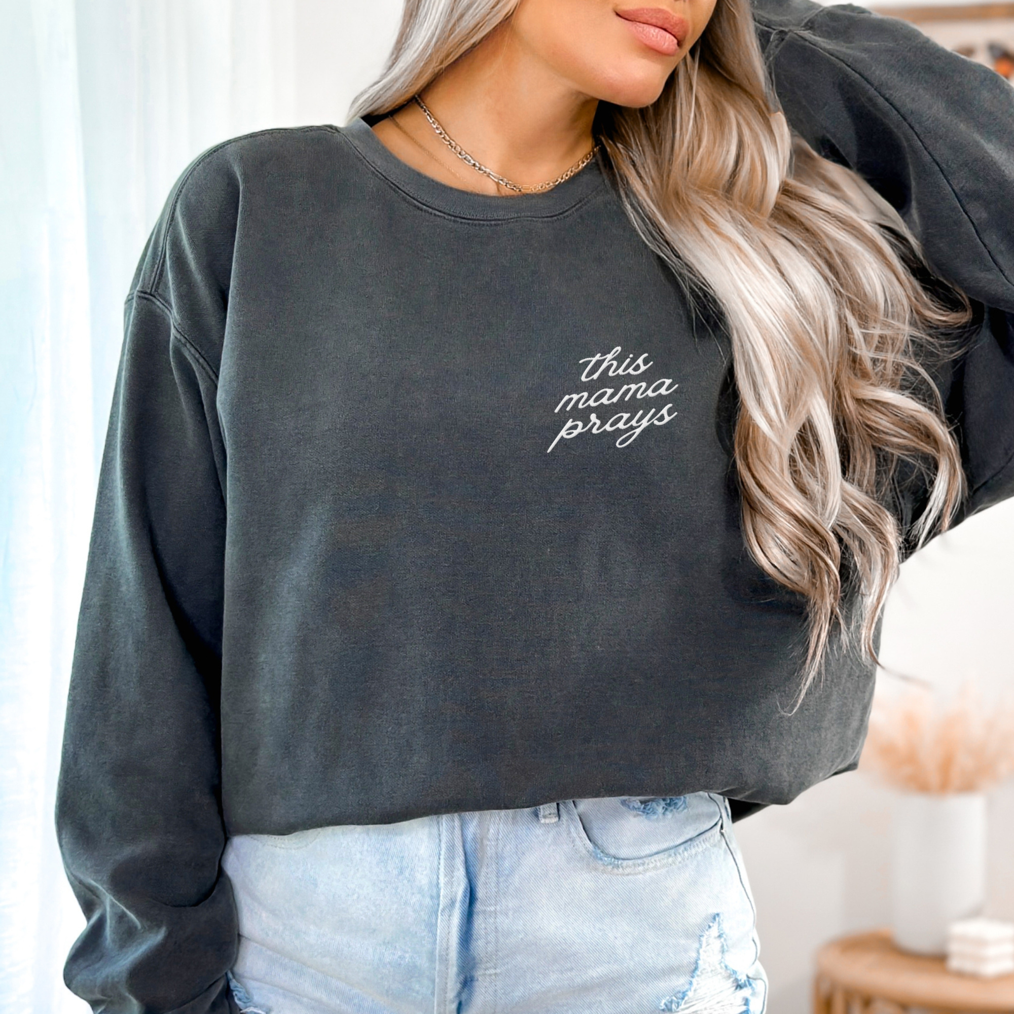 Scripted Pearl - Wholesale Sweatshirt - Women's - This Mama Prays Embroidered Comfort Colors Sweatshirt 0