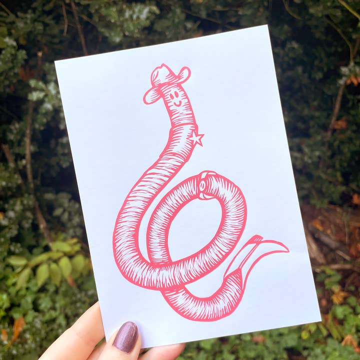 Augury Press - Wholesale Art Print - Cowboy Worm Linocut Print