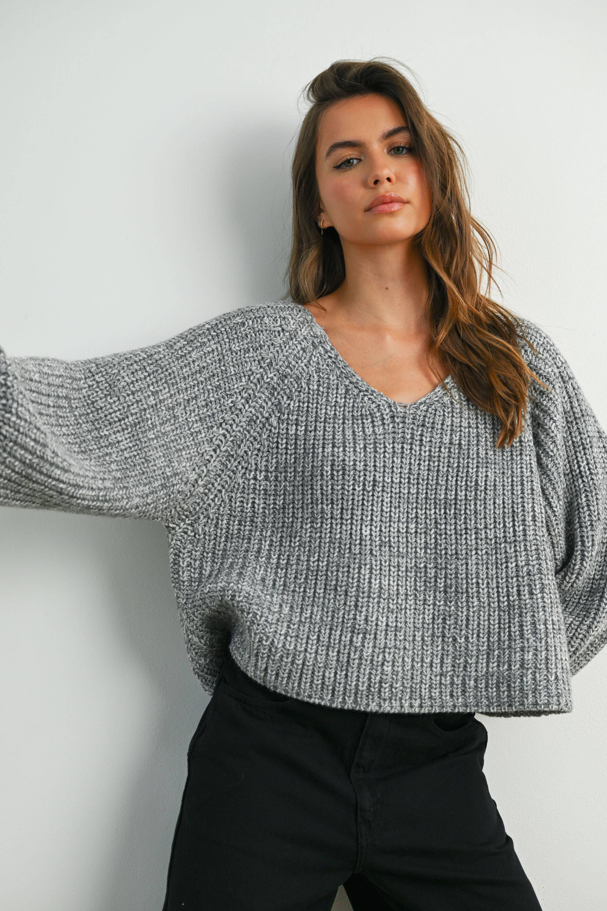 BUTTERMELON - Wholesale Knit Sweater - Women's - Tie-Back V-Neck Drop Shoulder Long Sleeve Top - BMW781020