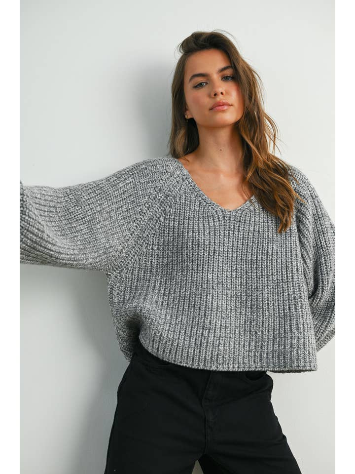 BUTTERMELON - Wholesale Knit Sweater - Women's - Tie-Back V-Neck Drop Shoulder Long Sleeve Top - BMW781020
