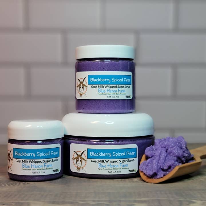 Blackberry Spiced Pear Goat Milk Whipped Sugar Scrub for wholesale by Blue Heron Farm