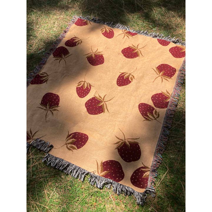 Cailee Corbett - Wholesale Throw Blanket - Yellow Strawberry Woven Throw, Strawberry Picnic Blanket