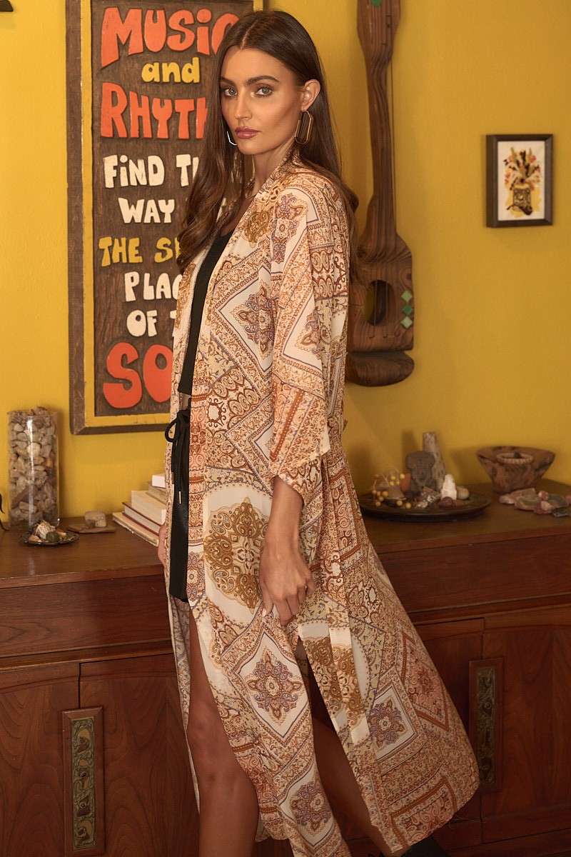 mittoshop - Vente Kimono – femme - PLUMEAU MIDI EN MOUSSELINE CEINTURÉ À IMPRIMÉ CACHEMIRE10