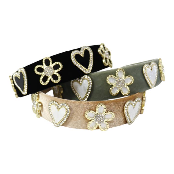 ASSORTED Heart Flower Charm Velvet Headband HB21027-16 (12PC) for wholesale on Faire2