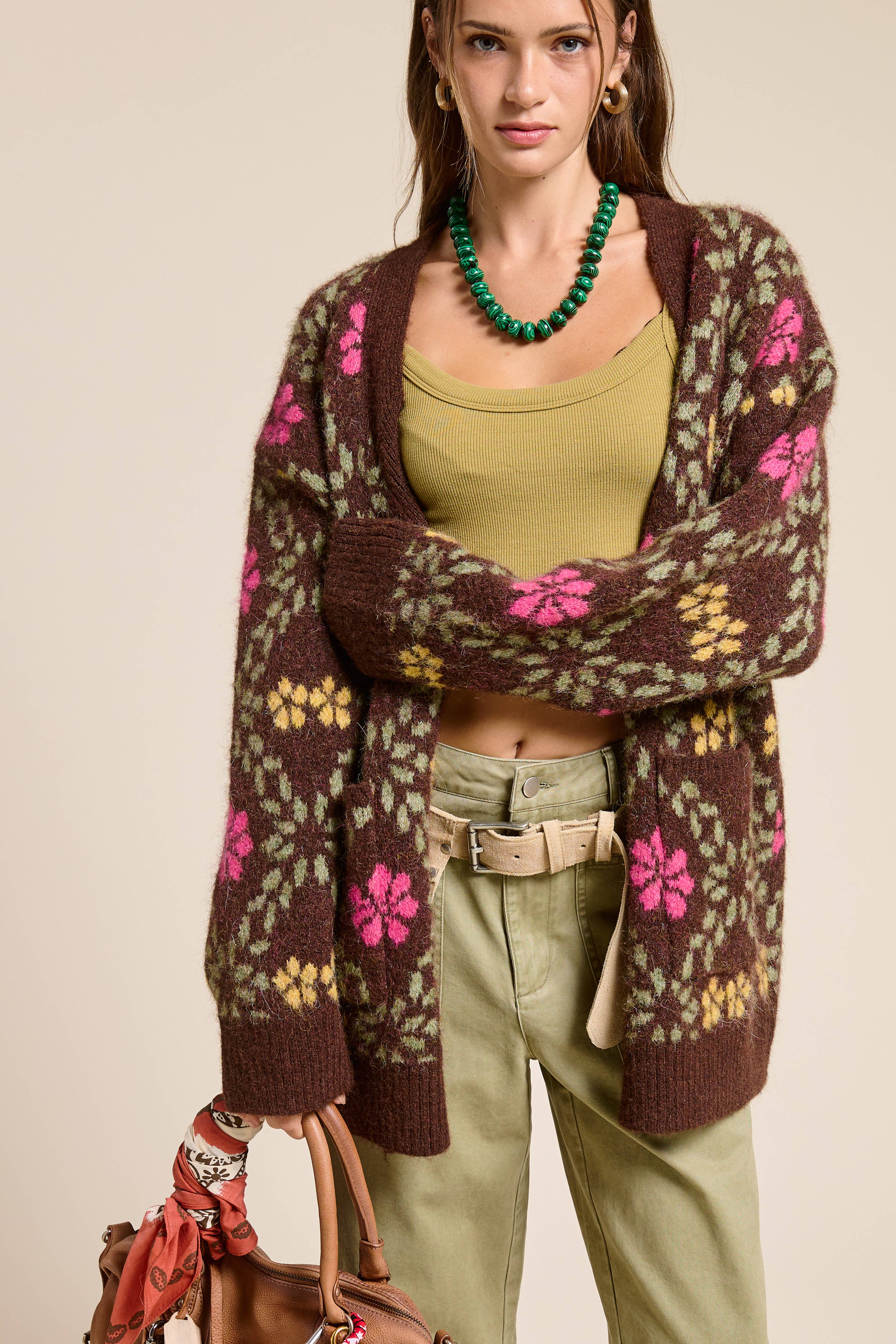 Mimosa - Wholesale Cardigan - Women's - Retro Floral Print Fuzzy Knit Cardigan11