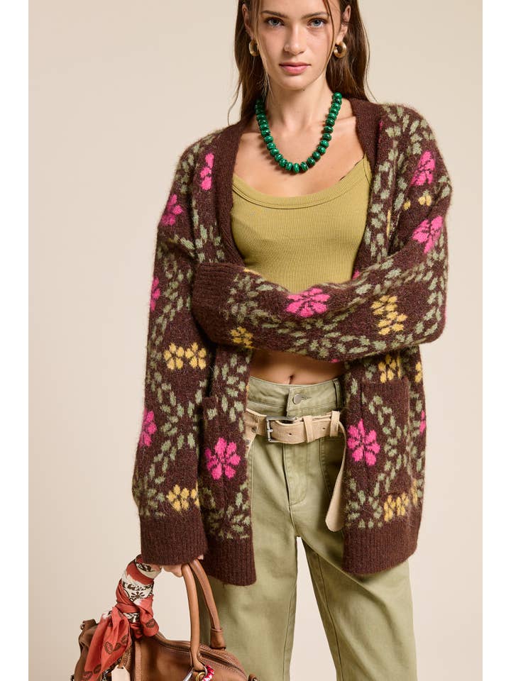 Mimosa - Wholesale Cardigan - Women's - Retro Floral Print Fuzzy Knit Cardigan11