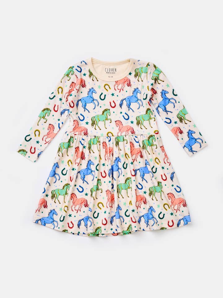 Stretchy Long Sleeve Twirl Dress - Horses for wholesale by Clover Baby & Kids