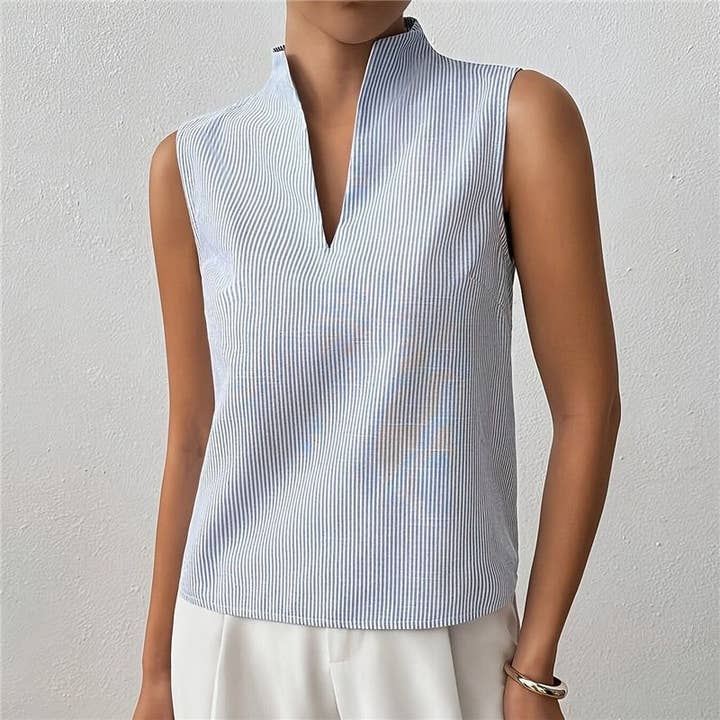 Sleeveless V Neck Loose Striped Shirt for wholesale by FurDecoration