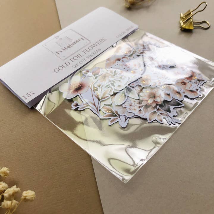 T's Stationery - Wholesale Sticker - "15Pcs Beige Flowers w Gold Foil" Sticker Pack2