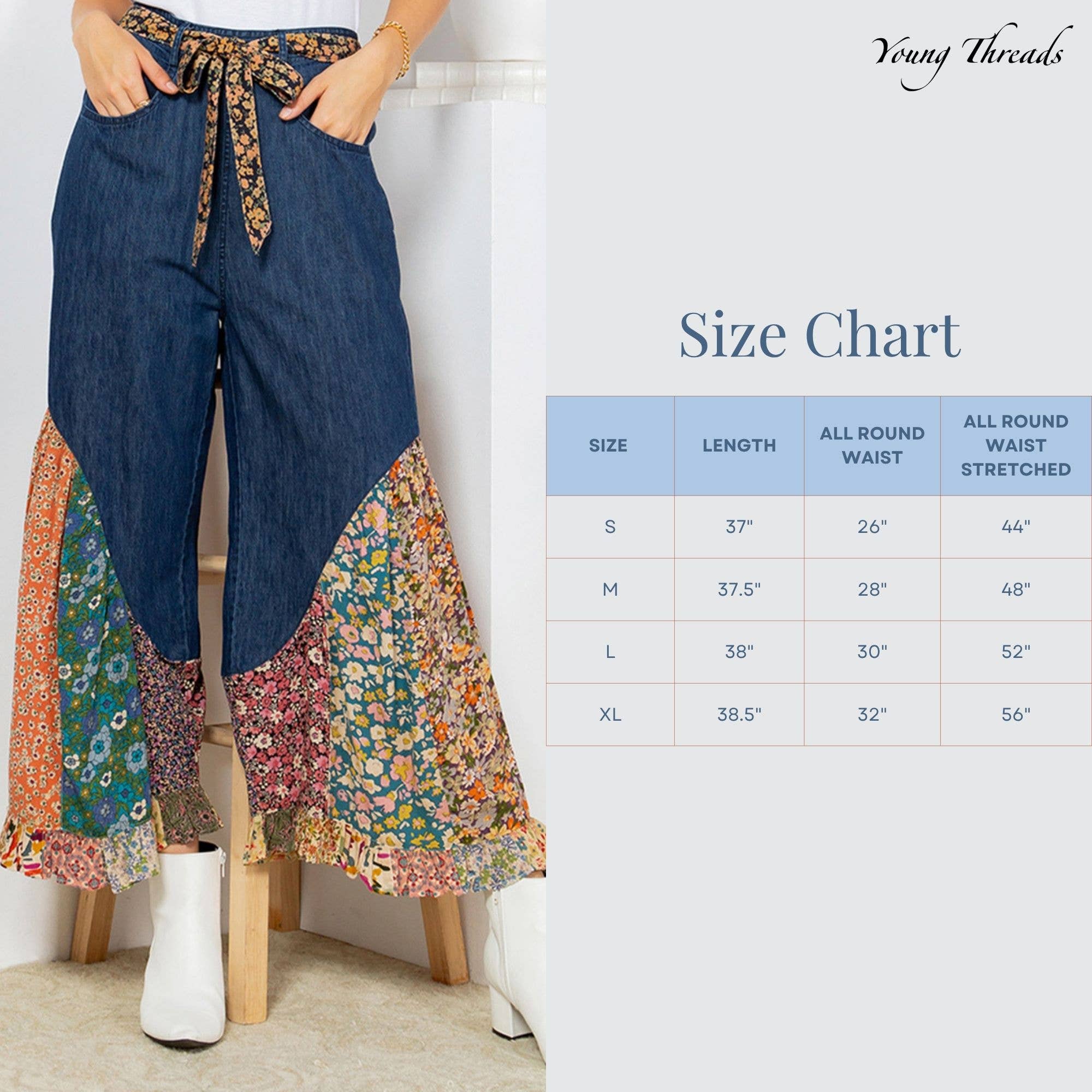Young Threads - Vendita all'ingrosso Pantalone - Donna - Pantaloni a zampa di elefante in denim tinto a pezzi con patchwork stampato, stile boho10