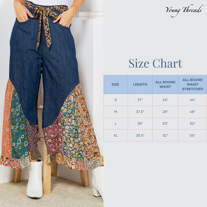 Young Threads - Vendita all'ingrosso Pantalone - Donna - Pantaloni a zampa di elefante in denim tinto a pezzi con patchwork stampato, stile boho10