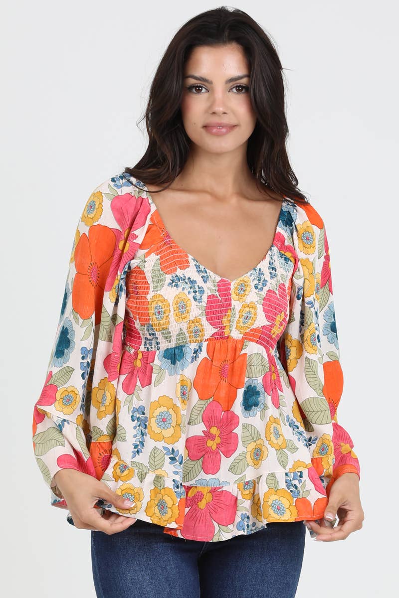 ANGIE - Wholesale Blouse - Women's - C2584-FQ94 V NECK SMOCKED BUST WIDE BELL SLEEVE FLORAL BLOUS1