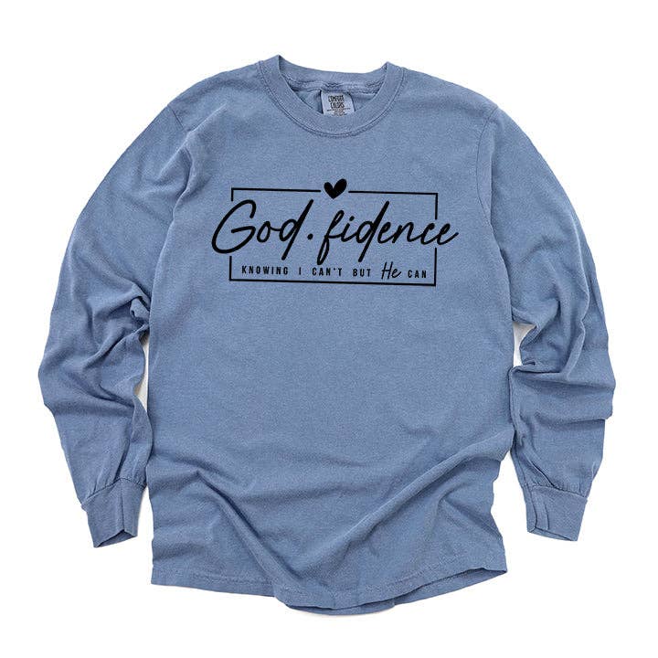 Uplifting Threads Co Wholesale - Wholesale Screen Printed T-Shirt - Women's - Godfidence Knowing I Can't But He Can | Garment Dyed Long Sleeve0