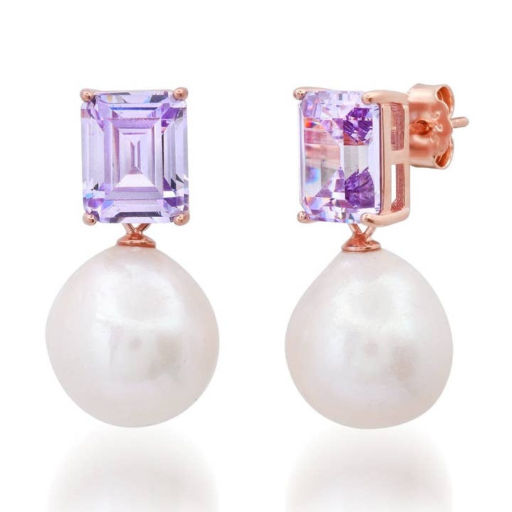 Emerald Cut CZ and Pearl Huggies for wholesale by Tai Jewelry