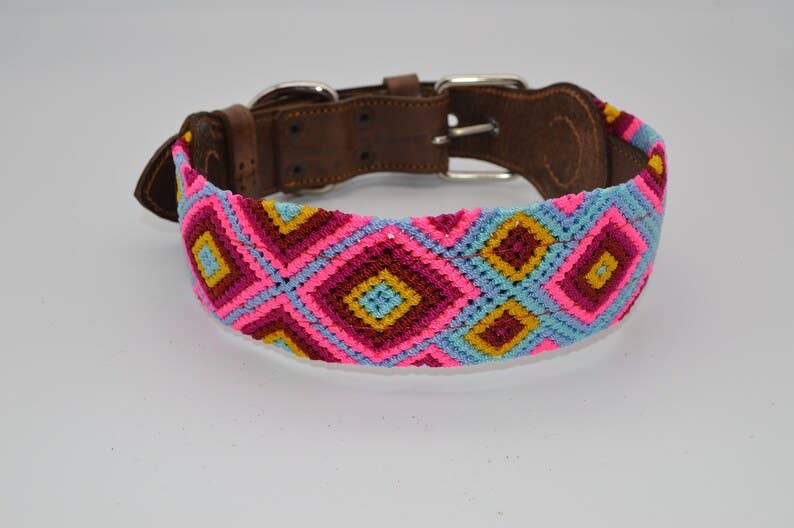 MyMexicanHome - Wholesale Halsband - Hond - L (42-49 cm) leren hondenhalsband met kleurrijk gebreid boho design8