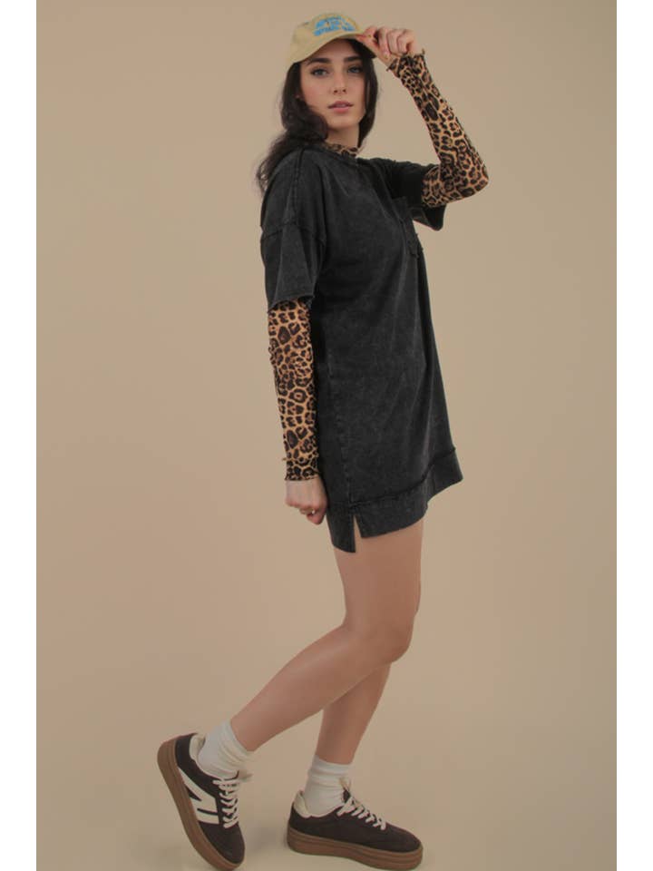 VERY J - Wholesale Dress - Women's - ND31634-Mineral Washed Knit Oversized Shift Mini Dress