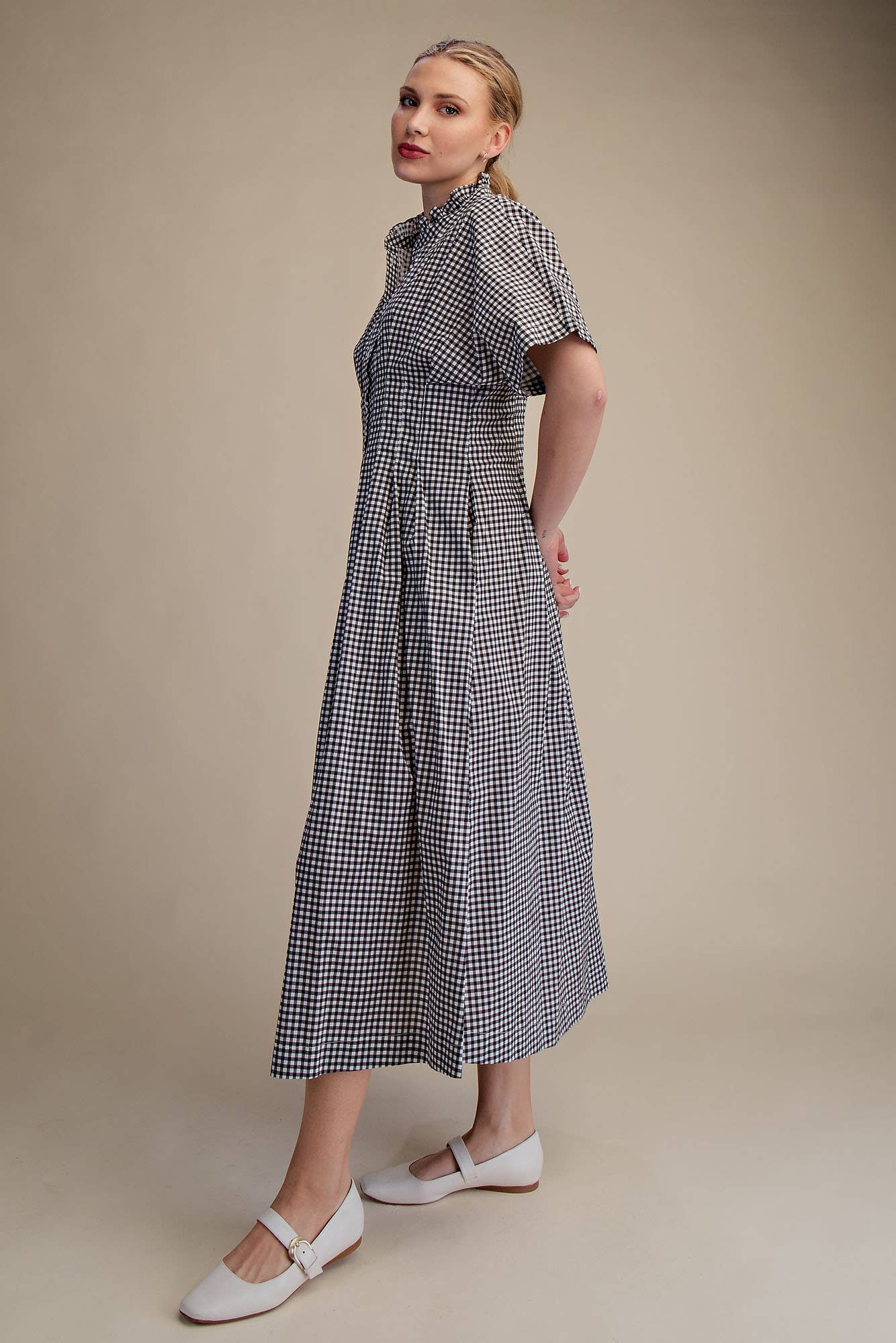 Glam - Wholesale Dress - Women's - Gingham Check Ruffle Neck Waist Pleated Midi Dress3