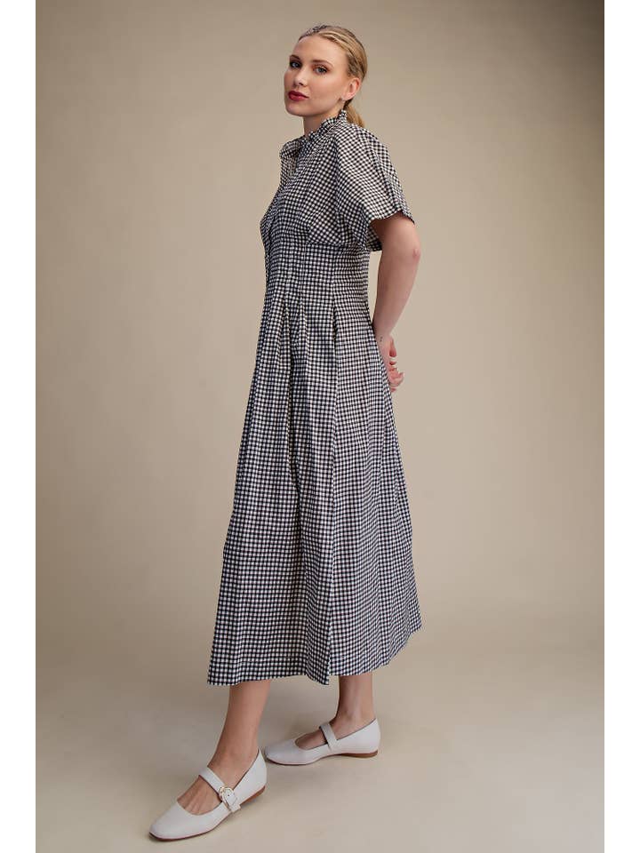 Glam - Wholesale Dress - Women's - Gingham Check Ruffle Neck Waist Pleated Midi Dress3