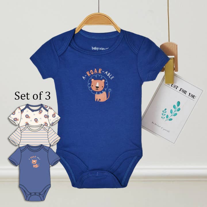 Pack of 3 Baby Roar Lion Embroidery Pattern Bodysuits for wholesale by Lollipop Dreams