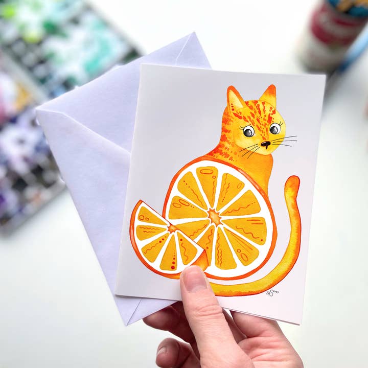 Cat Orange Greeting Card – Funny Fruit Animal Stationery for wholesale by Owlfeathers Watercolor