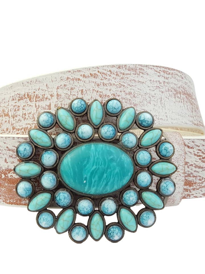 Genuine leather belt w. Western Turquoise Floral Buckle for wholesale by Axesoria West