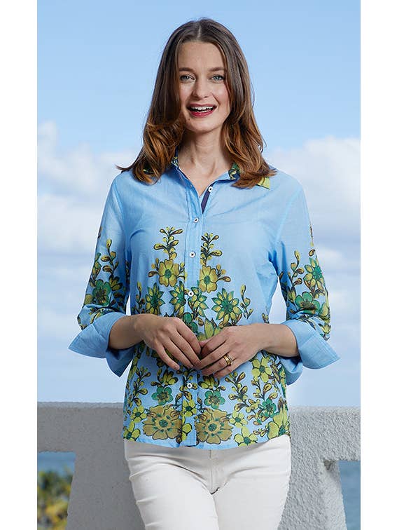 Dizzy-Lizzie - Vente Chemise à col boutonné – femme - Chemise Rome à manches 3/4 bleu clair et feuilles2