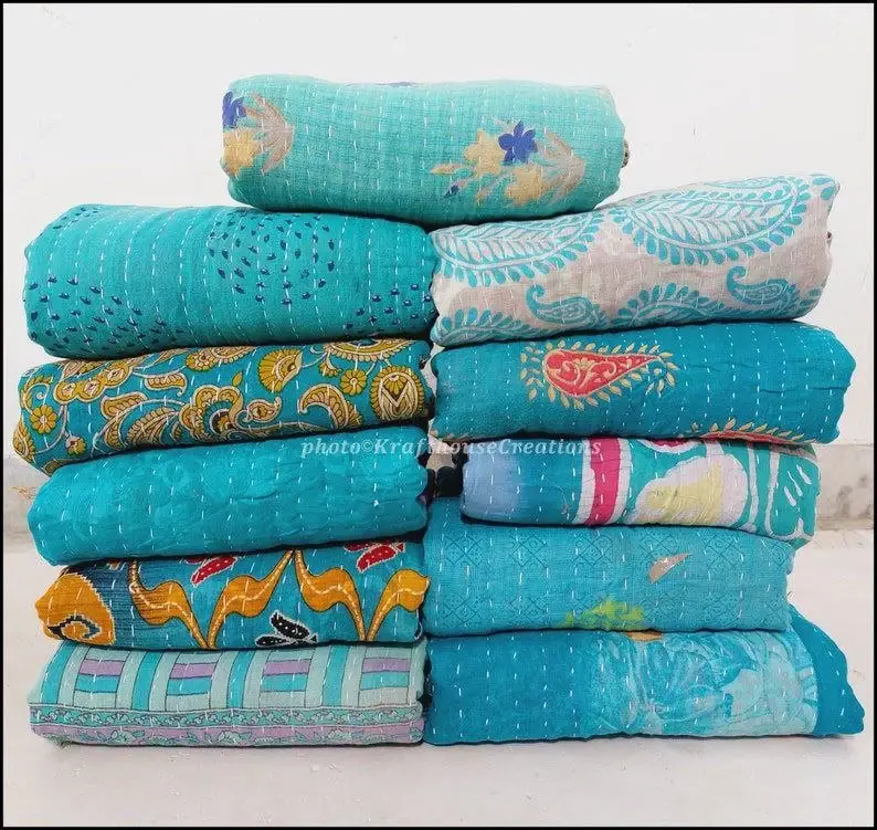 Bhawana Handicrafts - Wholesale Quilt - 5 Piece Lot, Indian Sari Quilt Handmade Throw Blanket Antiqu2