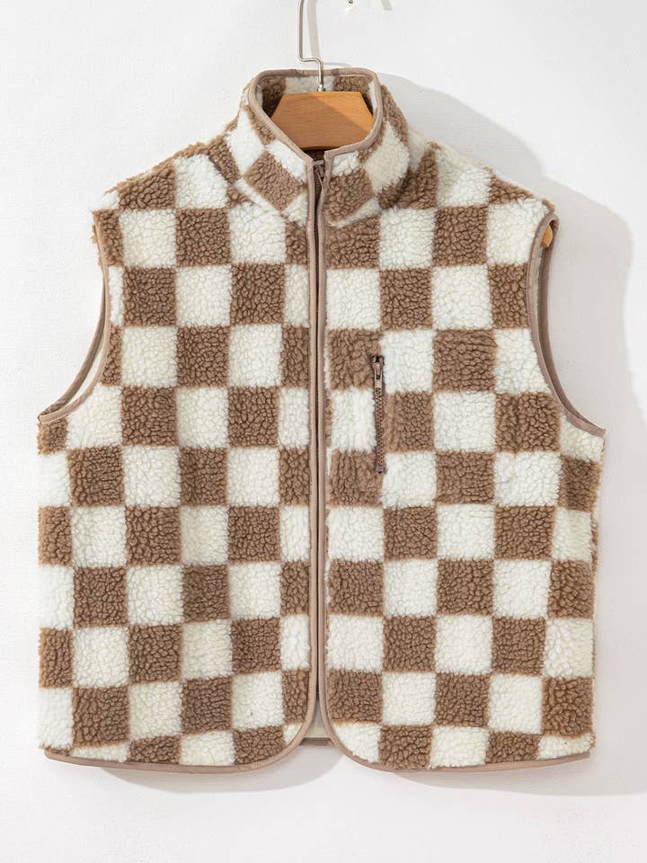 Threaded Pear - Wholesale Outerwear Vest - Women's - Mindi Checkered Sherpa Collared Jacket Vest6