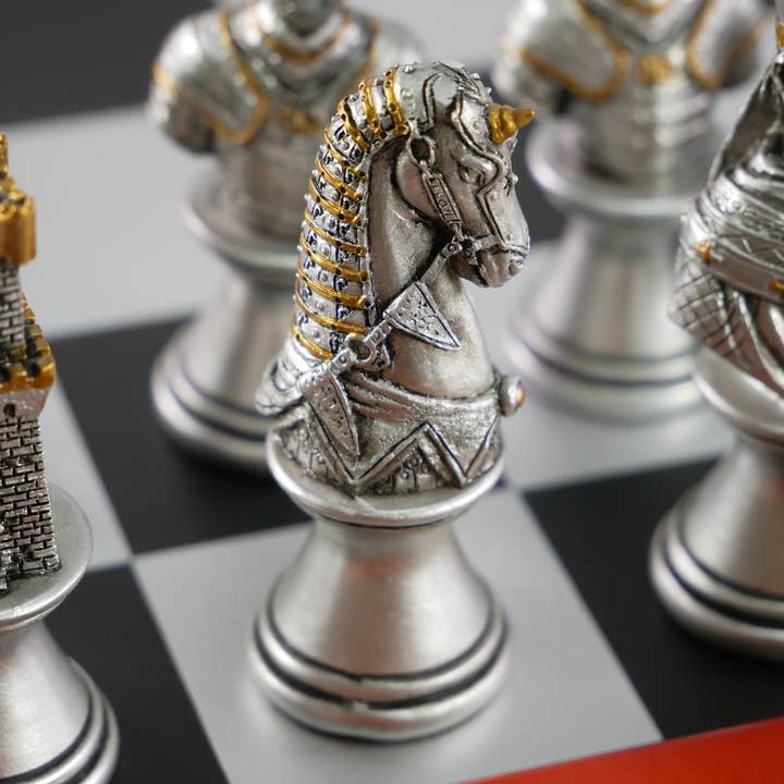 WorldWise Imports - Wholesale Board Game - Chess Set - Gold/Silver Camelot Resin Men on Cherry Chest