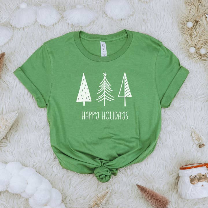 Hoja de camiseta estampada Happy Holidays para venta al por mayor de Indigo Bramble Boutique