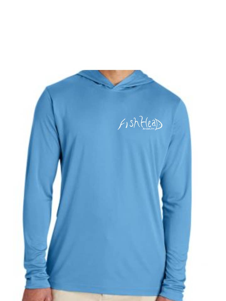Men's UPF50 Long-Sleeve Dry-fit Hoodie (Lt. Blue w/ Tarpon) for wholesale by FishHead Threads, Inc.